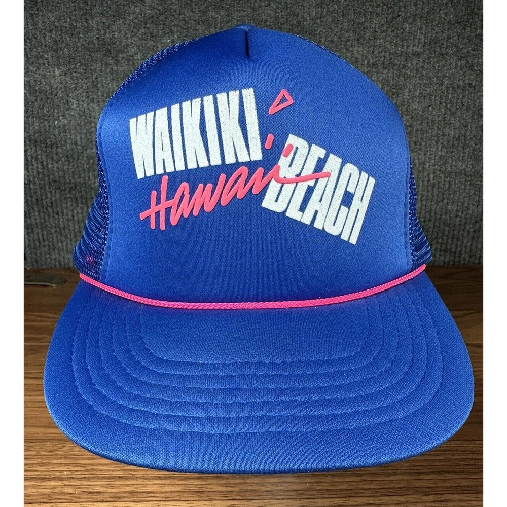 Vintage Hawaiian Headwear Waikiki Beach Blue Pink Rope Snapback Mesh Trucker Hat